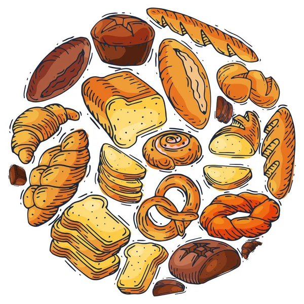 Ekmek, yuvarlak, vektör çizimi. Taze tahıllı baget, kruvasan ve ekmek kırıntısı kahvaltısı. Fırında somun, simit, ciabatta.