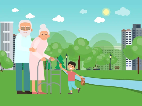 Abuelos con nieto en la ilustración vectorial del parque de verano. Familia feliz al aire libre. Abuela y el niño juntos — Archivo Imágenes Vectoriales