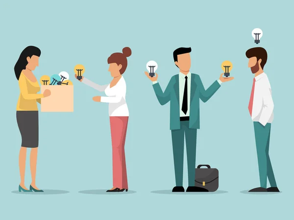 Boss help business men with idea bulbs vector illustration. Businesspeople and leader exchange ideas, put into a box Royalty Free Stock Illustrations