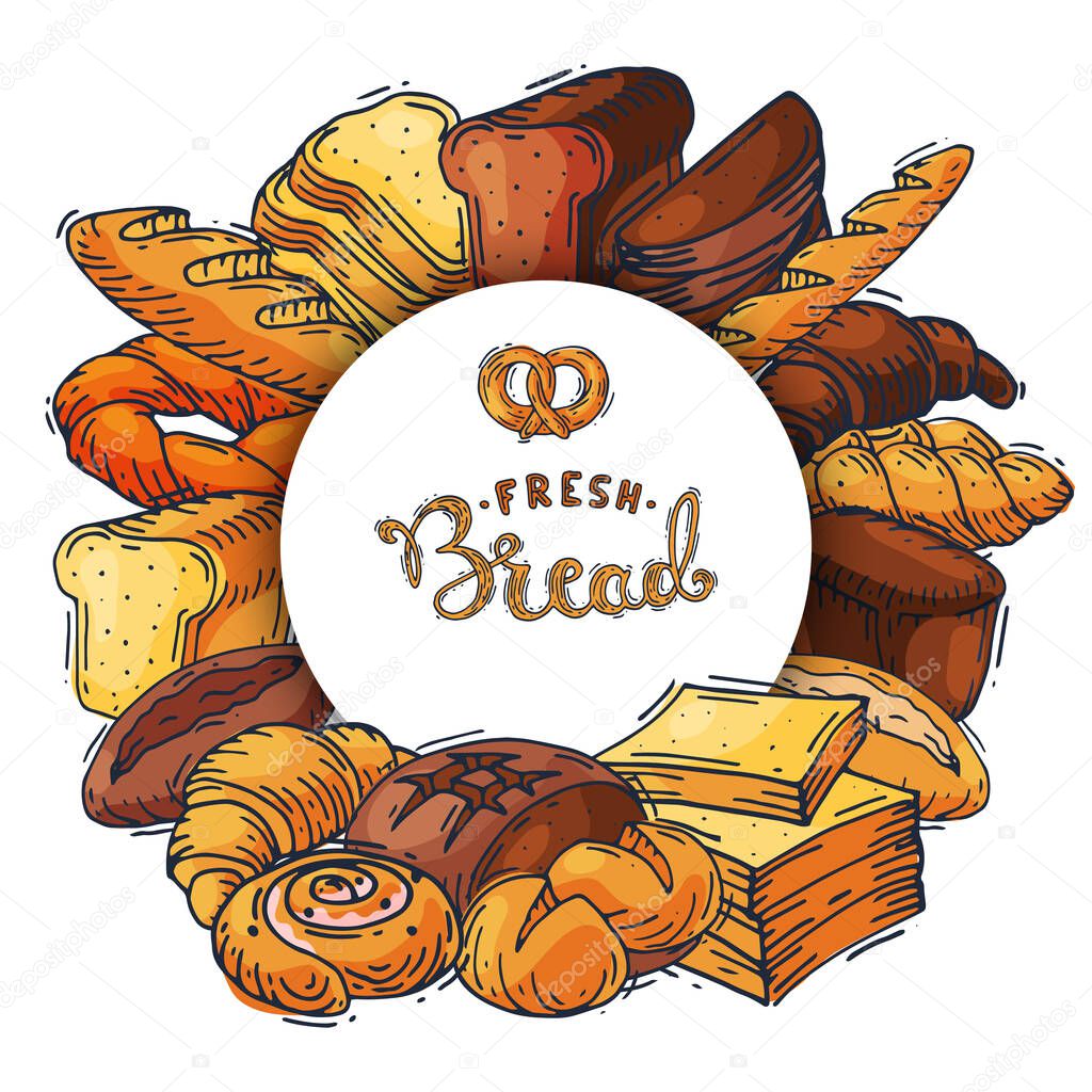 Bread loaf round set vector illustration. Baking loaves, bagels and ciabatta collection located around circle place with text. Fresh whole grain baguette, croissant and breadcrumb.