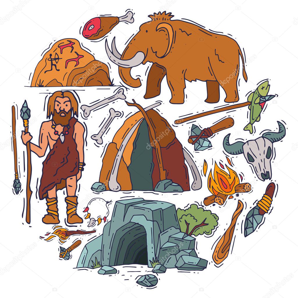 Ancient man stone age cartoon caveman set isolated vector illustration. Historic primitive cave, anciently stoneage human. Knife, cudgel and fire are tools for survival