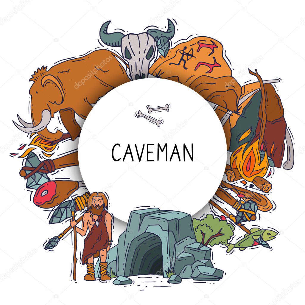 Ancient man set, stone age cartoon caveman vector illustration. Historic primitive dweller, anciently stoneage human. Cave, mammoth and neanderthal