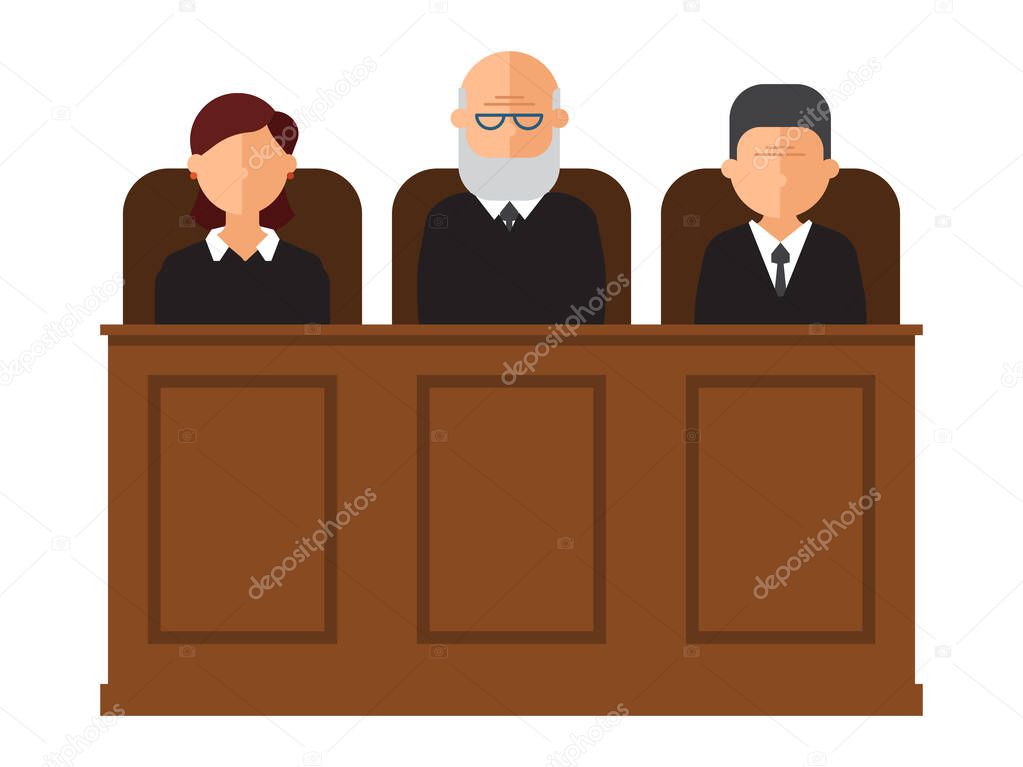 Court trial vector illustration. Courtroom interior with judges and lawyer. Law and criminal, crime and justice in courthouse concept.