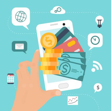İçinde para, kart ve bozukluklar olan el bilgisayarı cüzdanı. Mobil ödemeler vektör çizimi. Akıllı telefon uygulaması ile para transferi.