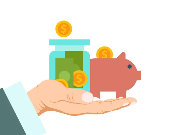 Empresário detém um banco porquinho ilustração vetorial isolado. Investimentos financeiros, economizando dinheiro em jar e piggybank . —  Vetores de Stock
