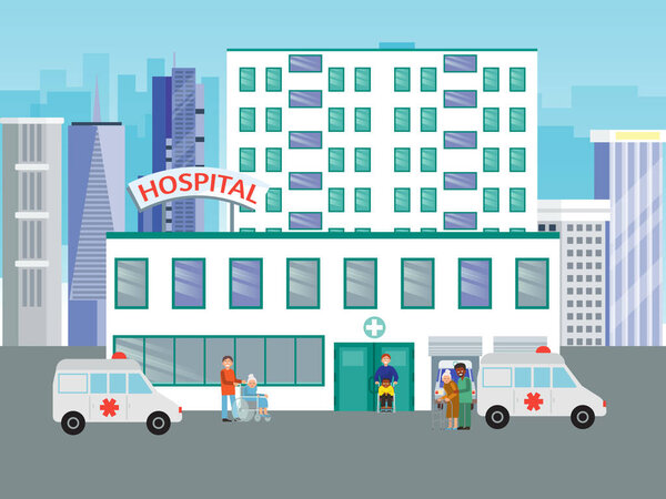 Больничное здание скорой помощи с векторной иллюстрацией. Скорые и пациенты. Госпитализация, медицинское обслуживание, врач и пациенты
.