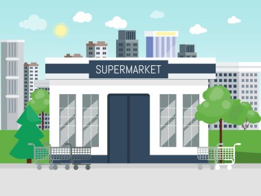 Süpermarket binası konsept vektör çizimi. Süper market ya da market cephesi. Dışarıdaki büyük yiyecek deposu..