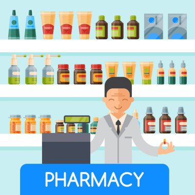 Eczacı adam eczane vektör illüstrasyonunda tezgahta. Sağlık hizmetleri tıbbi geçmişi. Eczane ve danışman..