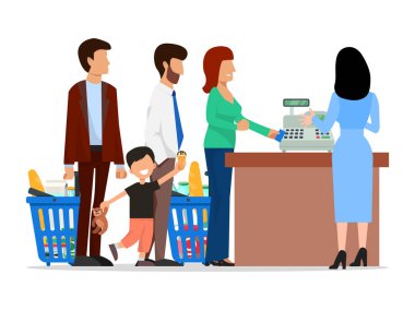 Süpermarket vektör illüstrasyonunda uzun kuyrukta bekleyenler. Çocuklu aileler, kasiyerin yanında duran alışveriş sepetleri olan insanlar..