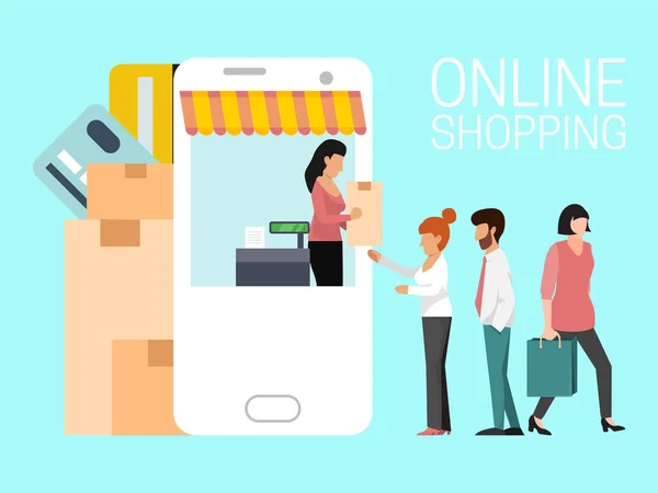 Shopping online by mobile app or website vector illustration. Mobiles shopping sale. Business technology of online shop — Stock Vector
