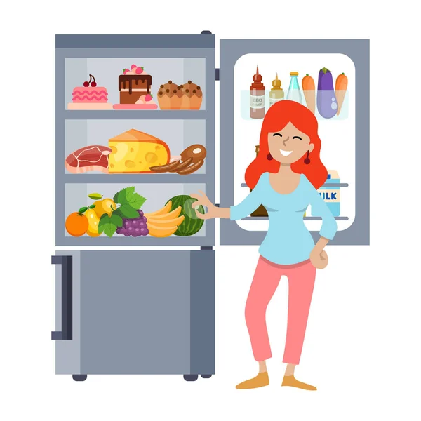 Giovane ragazza con frigorifero aperto vettoriale illustrazione. Donna e frigorifero cibo completo. Femmina in piedi vicino frigoriferi — Vettoriale Stock