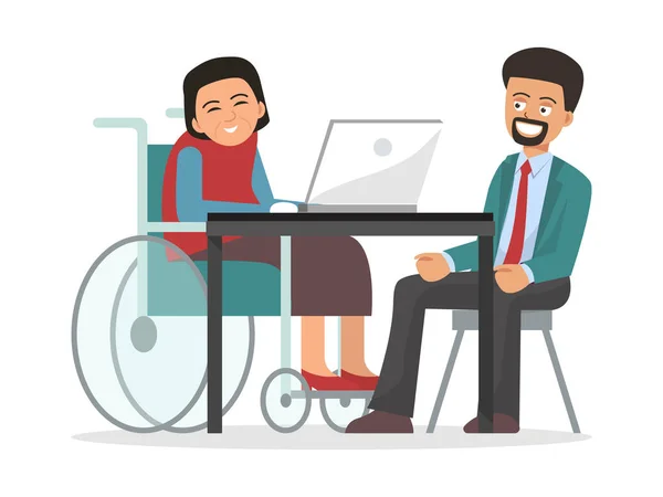 Persona de negocios discapacitada en silla de ruedas trabajando en oficina ilustración vectorial. Lugares de trabajo para trabajadores con discapacidad . — Vector de stock