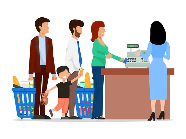 Emberek állnak hosszú sorban a szupermarket vektor illusztráció. Gyermekes családok, bevásárlókosaras személyek a pénztár közelében. — Stock Vector