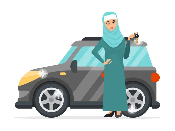 Moslim vrouw met auto sleutel vector illustratie. Moslim meisje in traditionele kleding houden sleutels van nieuwe auto. — Stockvector