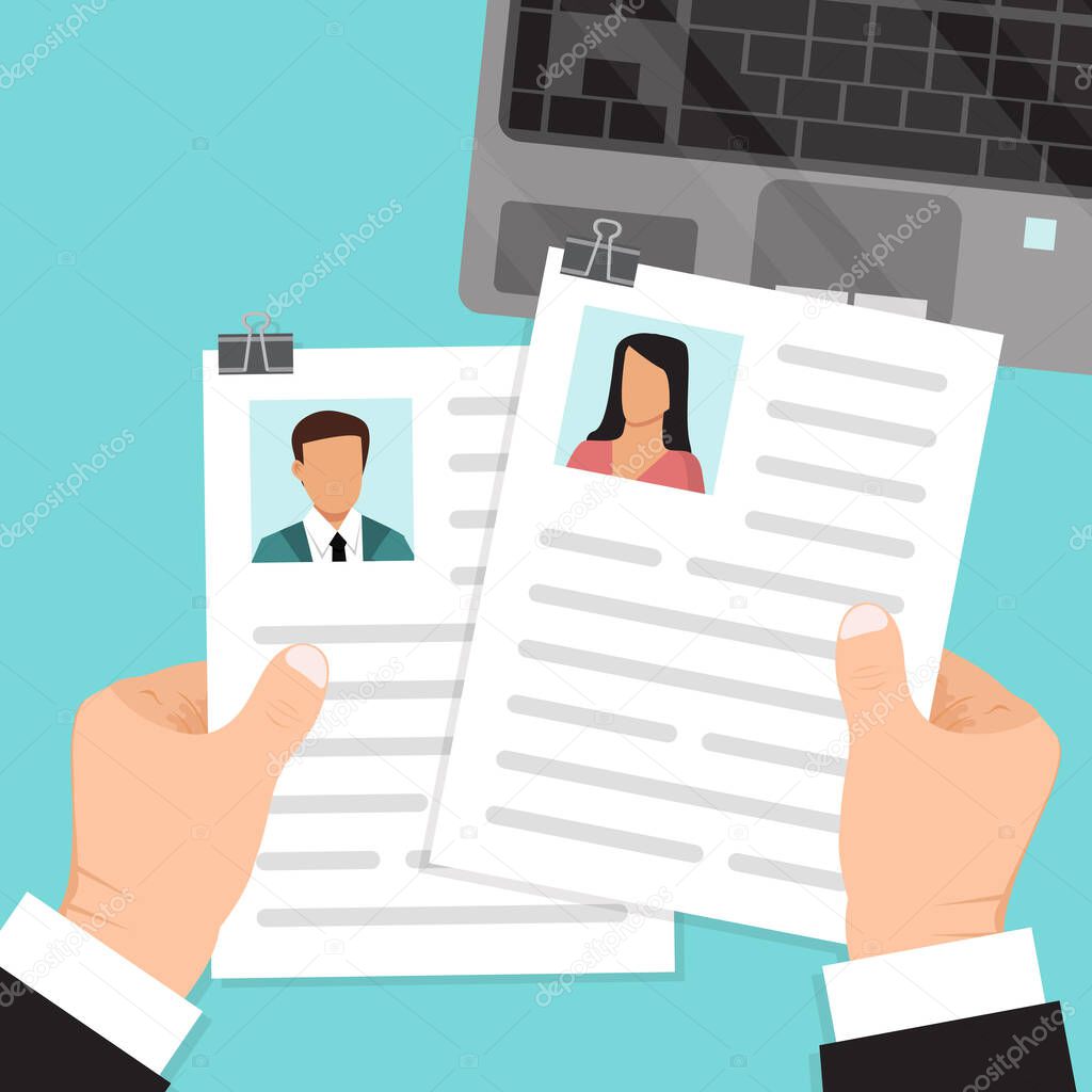 Hands hold resume vector illustration. Cv of candidates in hand of business man, employer. Resumes job recruitment