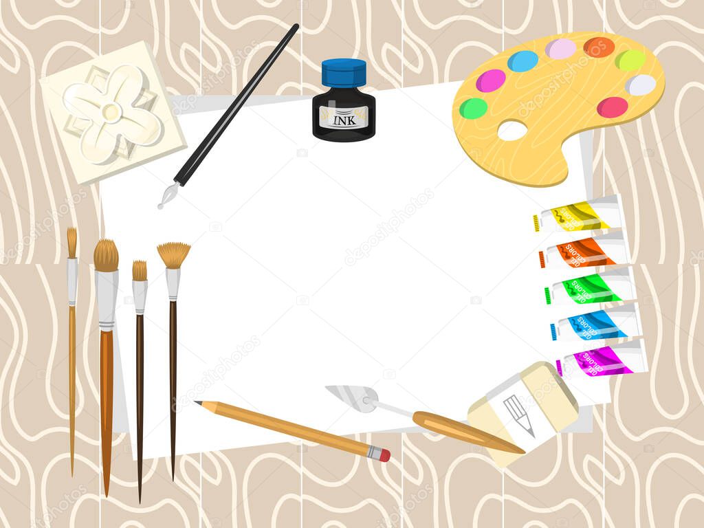 Papers template artist supplies and tools vector illustration. Watercolor, paintbrushes and palette all around list of paper. Background templates for art studios and schools.