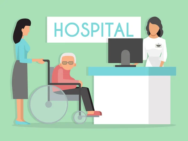 Old person on wheelchair at hospital reception vector illustration. Medicine for old patients. Senior disabled waiting doctor in clinic.