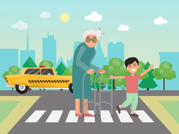 A fiú átsegíti a nagymamát az út vektoros illusztrációján. Kisgyerek és nagymama a zebrán. A fiúk segítenek az öregeknek. — Stock Vector