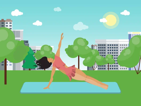 Mooi meisje doet yoga asanas buiten tegen de achtergrond van de stad. Fitness en gezondheid lifestyle vector illustratie. — Stockvector