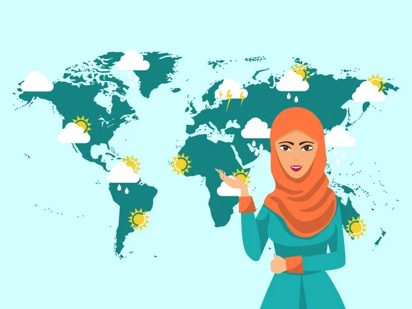 Moslim vrouw Tv weersvoorspelling verslaggever aan het werk vector illustratie. Moslim meisje meteorologie op televisie uitzending. — Stockvector