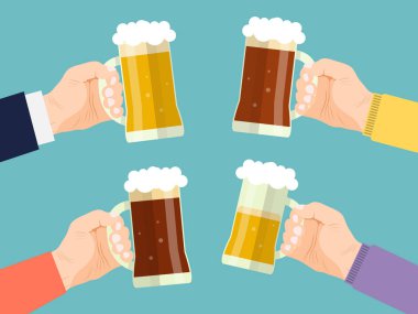 Arkadaşlar farklı bira kadehlerine tezahürat eder. Parti bira içiyor ve vektör çizimi yapıyor. Dost bardaki alkol partileri.