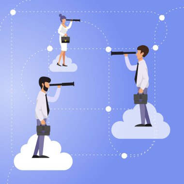 Bulut ağı iş konsepti vektör illüstrasyonu. İş adamları iletişim kuruyor, fırsatlar arıyor ve internet üzerinden iletişim kurmaya çalışıyor.