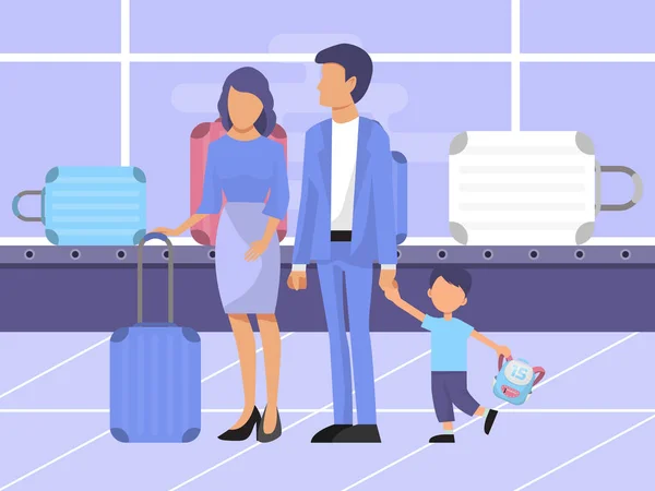 Rodina v zavazadlovém prostoru vektorové ilustrace. Rodina s dětmi a zavazadly v letištním terminálu. — Stockový vektor