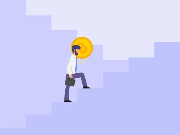 Empresario con bitcoin en la ilustración de vectores de escaleras. Hombre de negocios llevar bitcoin para financiar el éxito . — Vector de stock