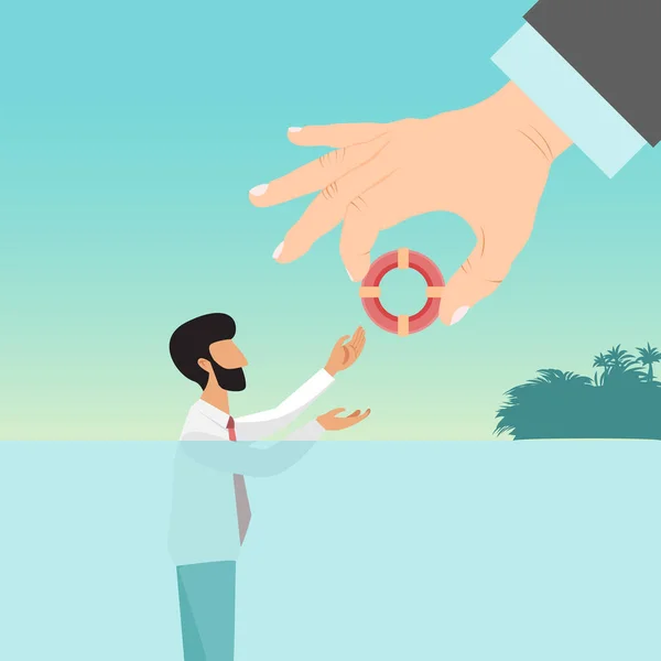 Big hand with lifebuoy and drowning man vector illustration. Businessman getting life buoy from big hand.