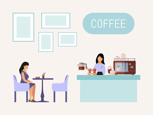 People and barista in coffee shop vector illustration. Cafeteria visitor sitting at table. People spending time in coffee house drink coffee, meet friends and relaxe. — Stock Vector