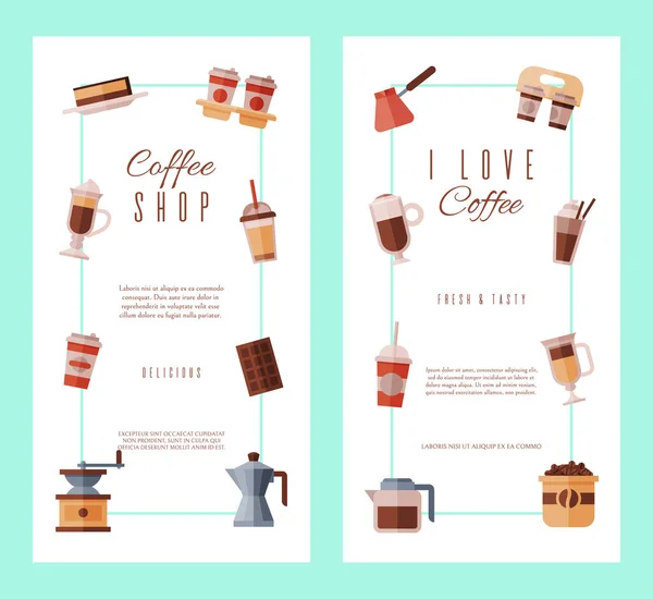 Vertical café banner vetor ilustração. Conjunto de modelos de banners para cafeteria ou cafetaria. Bebidas para levar, cappuccino, café expresso e sobremesas alimentares . — Vetor de Stock