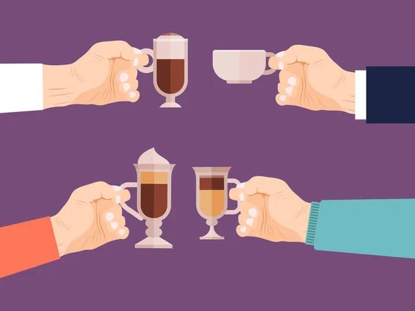 Friends hands holding coffee cups vector illustration. Drink coffee with friends. Drinking espresso, cappuccino and latte in friendly cafe