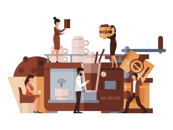 Concepto de negocio de ilustración vectorial coffee break. Pequeño personaje de dibujos animados haciendo café. Las personas en la oficina hacen y beben espresso — Vector de stock