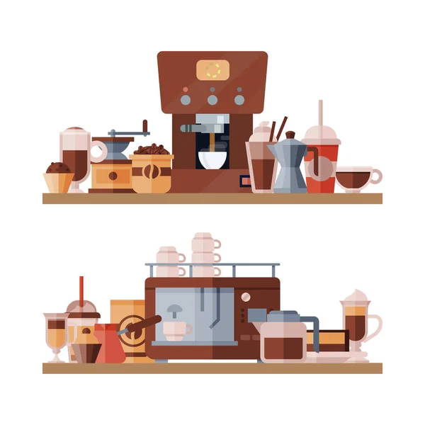 Elementos de café estante vector ilustración. Cappuccino, café expreso y bebidas con leche para llevar. Cafetera, máquina y elemento cezve en los estantes — Archivo Imágenes Vectoriales