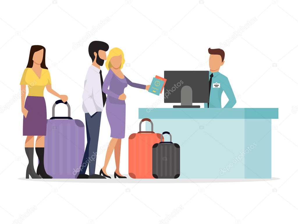 A large queue of different people at the airport. Airline queueing vector illustration. People with luggage in departure airlines