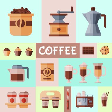 Kahve çekirdekleri ve ekipman afişi vektör illüstrasyonu. Cappuccino, espresso ve mocha içecek. Kafein pankartlı sıcak içecekler için fincanlı kahve makinesi.