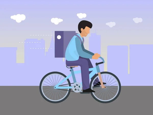 Entrega hombre en bicicleta con bolsa en la parte posterior. Servicio de alimentos ciclo mensajero vector ilustración . — Vector de stock
