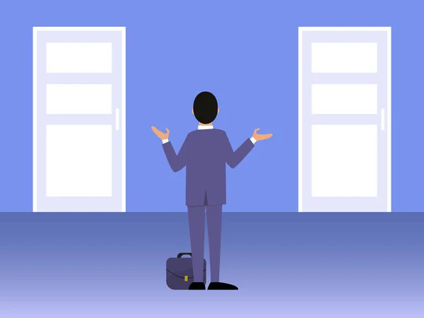 Üzletember áll előtt két ajtó vektor illusztráció. Az öltönyös férfi a megfelelő ajtót választja. Az üzletember döntési stratégiát választ.. — Stock Vector