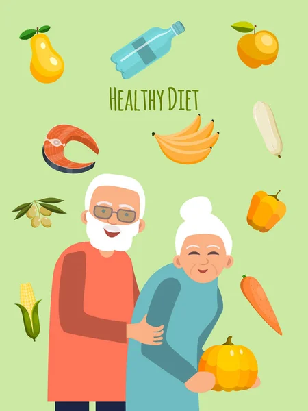 Pasangan lansia dengan ilustrasi vektor sayuran. Diet sehat untuk konsep dewasa. Gaya hidup sehat untuk orang tua . - Stok Vektor