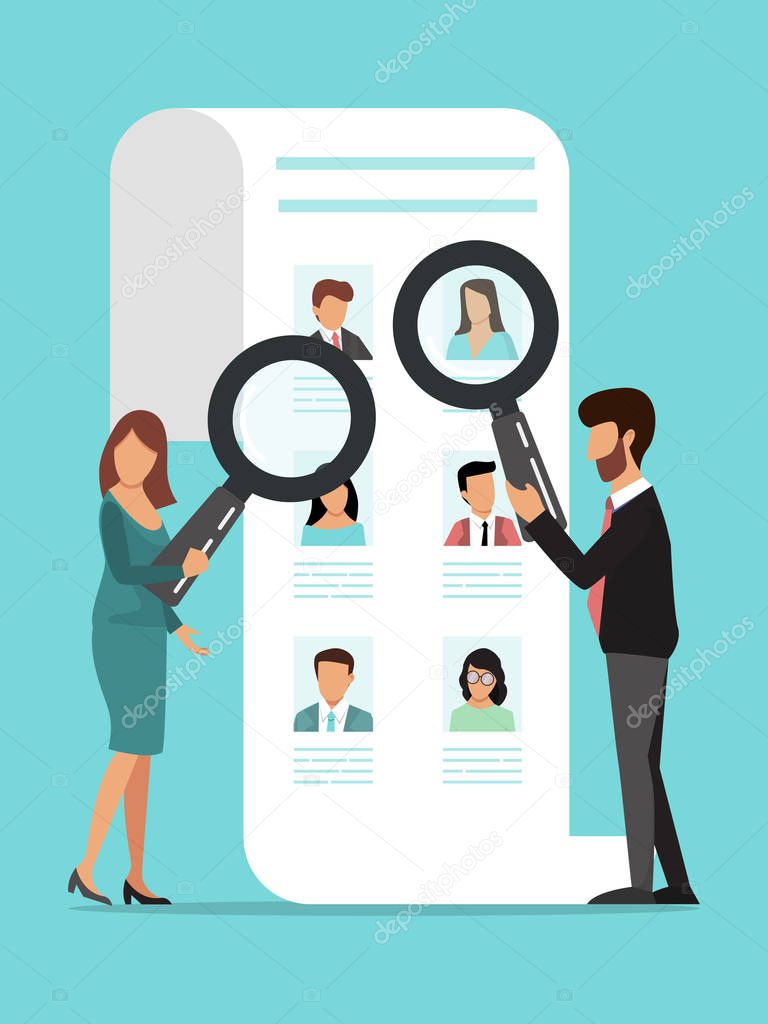 Big employees resume and hr managers. Businessman with magnifier and big resumes. Recruitment of employee vector illustration.