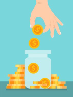 Cam kavanoz vektör çiziminde el yapımı madeni paralar. Para kavanozu kavramı. Finansmanı cam bankada sakla. Para kutusu şişesi.