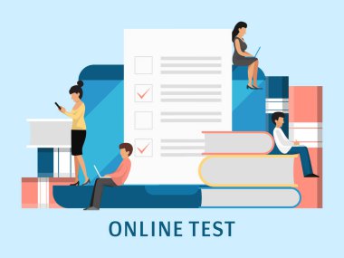 Çevrimiçi sınav insanları kavramı. Küçük öğrenciler vektör illüstrasyonunda satır sınavı dolduruyorlar. İşaretli kutular ya da eğitim sınavı ile yapılacaklar listesi