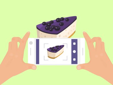 Hand with phone take photo of cake food vector illustration. Smartphone photography of pie. Top view of cakes phones photo. clipart