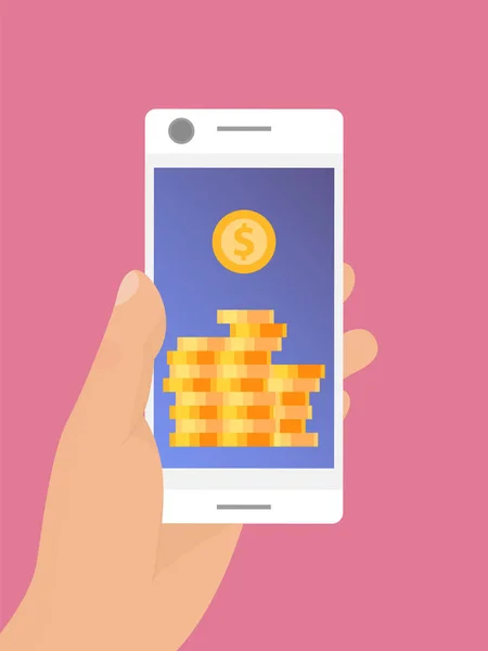 Smartphone portatile con monete d'oro sullo schermo illustrazione vettoriale. Concetto di monetizzazione mobile. Crypto commercio online — Vettoriale Stock