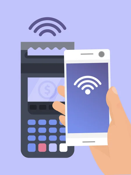 Pagamentos móveis perto da tecnologia de comunicação de campo ilustração vetorial. Terminal POS confirma o pagamento por smartphone . —  Vetores de Stock