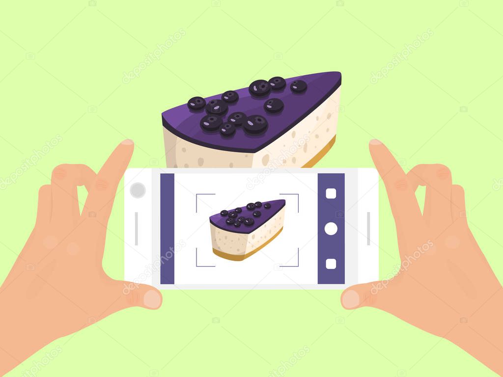 Hand with phone take photo of cake food vector illustration. Smartphone photography of pie. Top view of cakes phones photo.