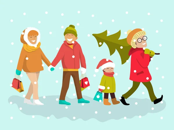 Familie în aer liber cu pomul de Crăciun, saci de cumpărături în sărbătorile de iarnă ilustrație vectorială . — Vector de stoc