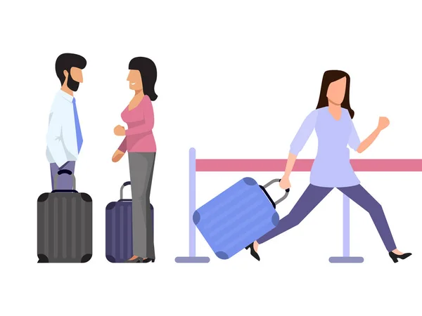 Pasajeros tardíos corren en el aeropuerto. Turista mujer con equipaje corre a la puerta del aeropuerto. Un par de turistas hablando entre ellos. Chica se apresura a bordo del plano vector ilustración — Archivo Imágenes Vectoriales