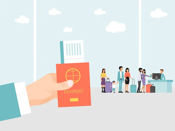 Hand holding passport and ticket on airport background. People in airport with luggage stand in queue on flight. Man hand with passport and boarding pass in journey — Stock Vector