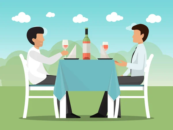 Business communication meeting in cafe vector illustration. Two businessmen meeting and sitting at cafe table. Business partners lunch in cafeteria. — Stock Vector